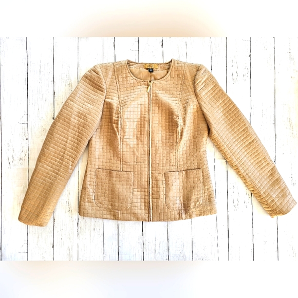 Valerie Stevens Luxury Quilted Gold Metallic Zip up Blazer Jacket Coat Pockets - Picture 2 of 13